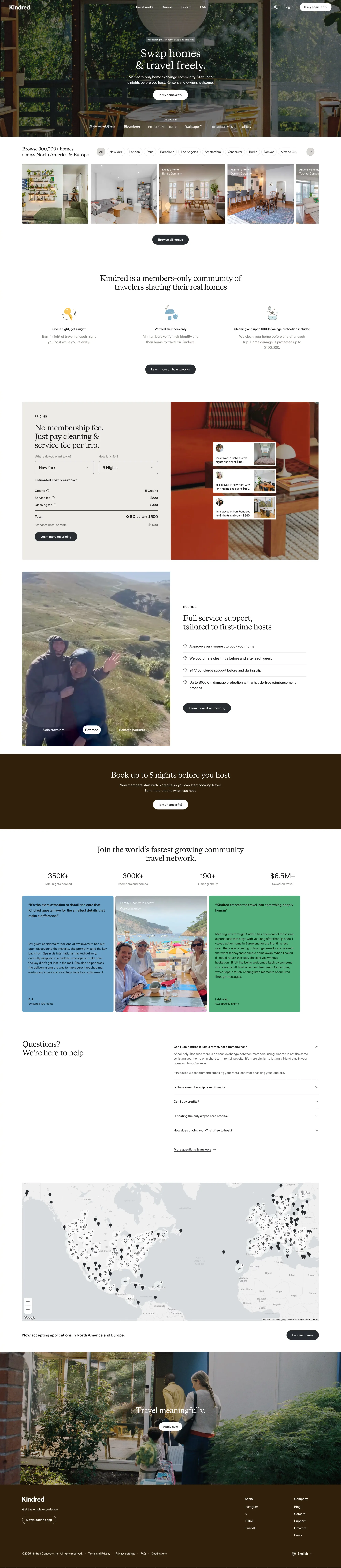 Trusted home swapping and exchange community | Kindred - Landing design