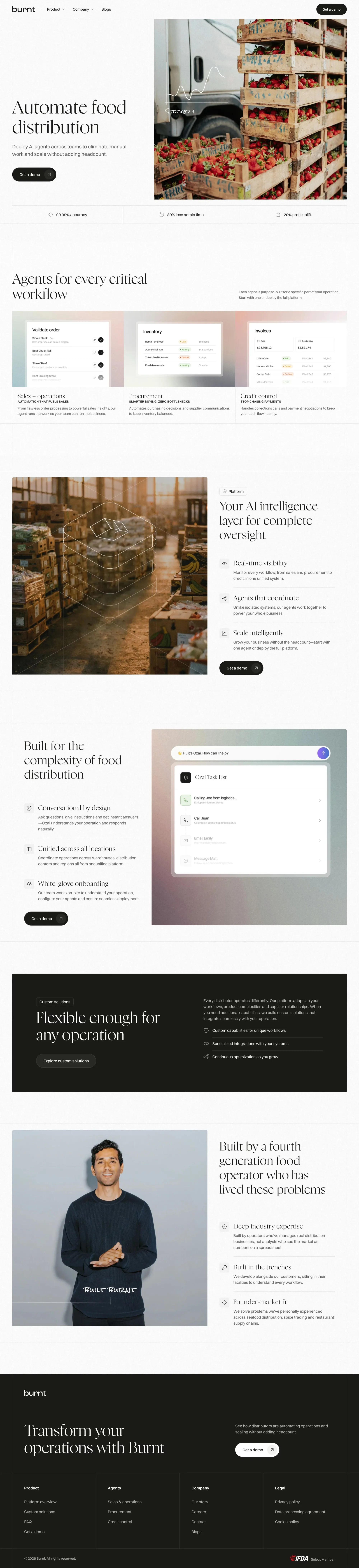 Automate Food Distribution with AI Agents | Burnt - Landing design