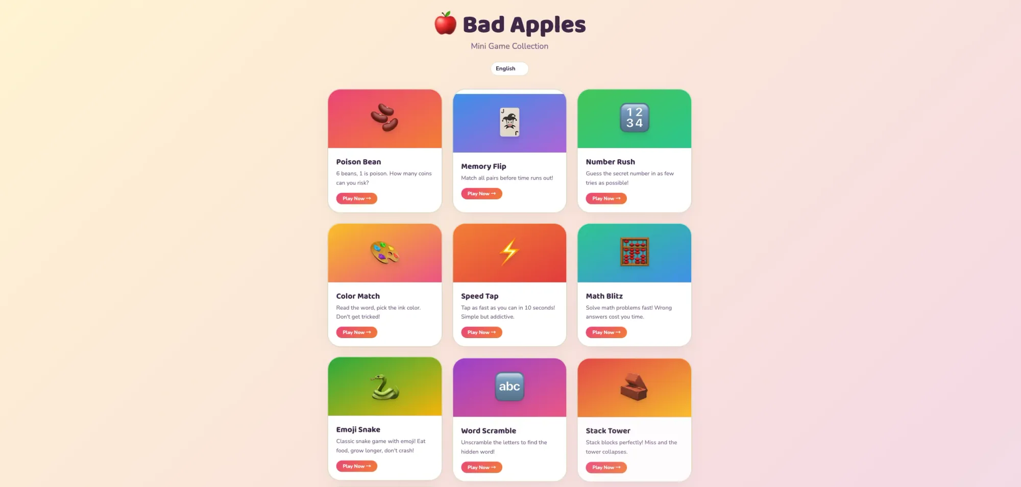Bad Apples — 20+ Free Unblocked Mini Games (No Download, 2026) - Landing design