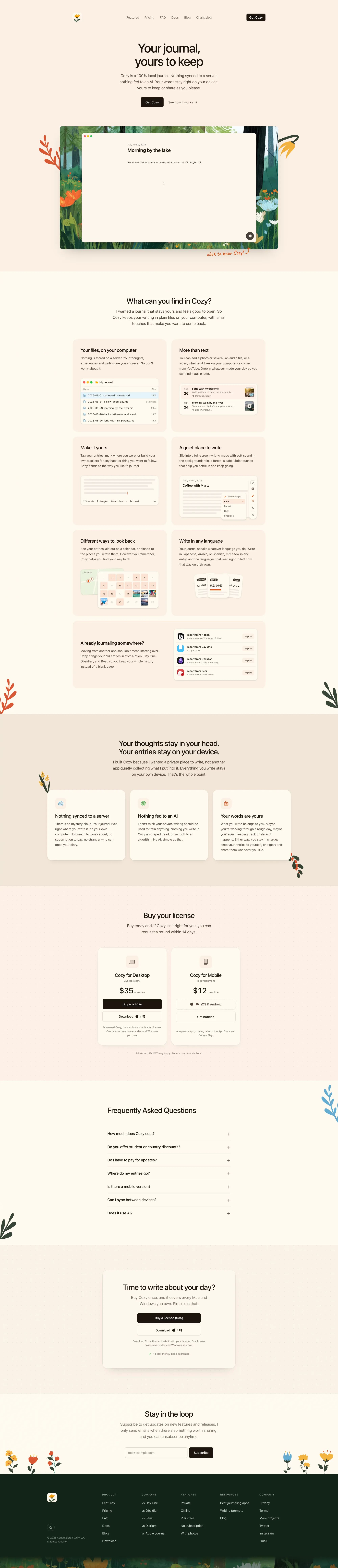 Cozy is the local-first private diary - Landing design