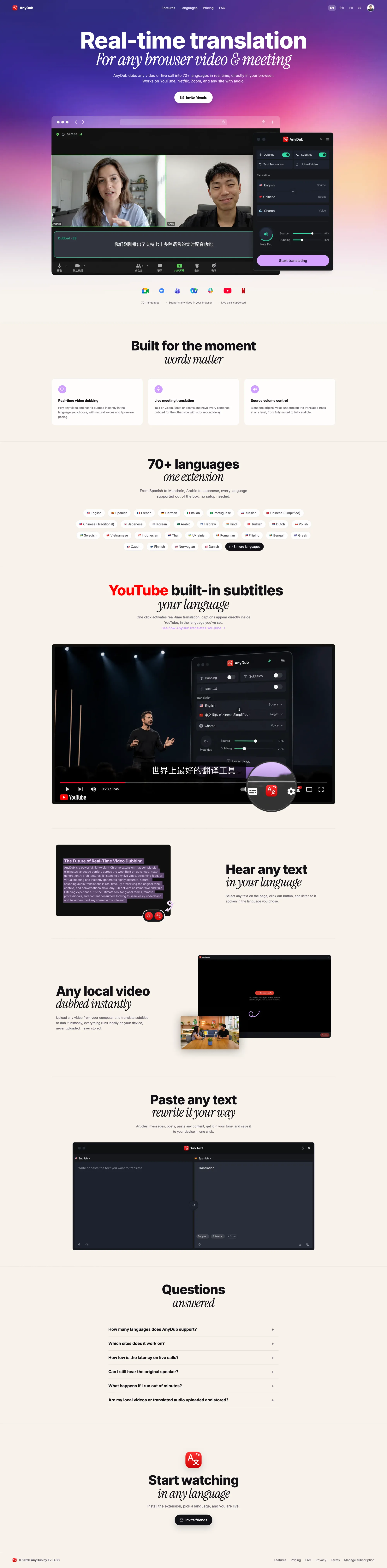 AnyDub — Real-time Translation for Any Video, YouTube, Netflix & Live Meetings - Product page design