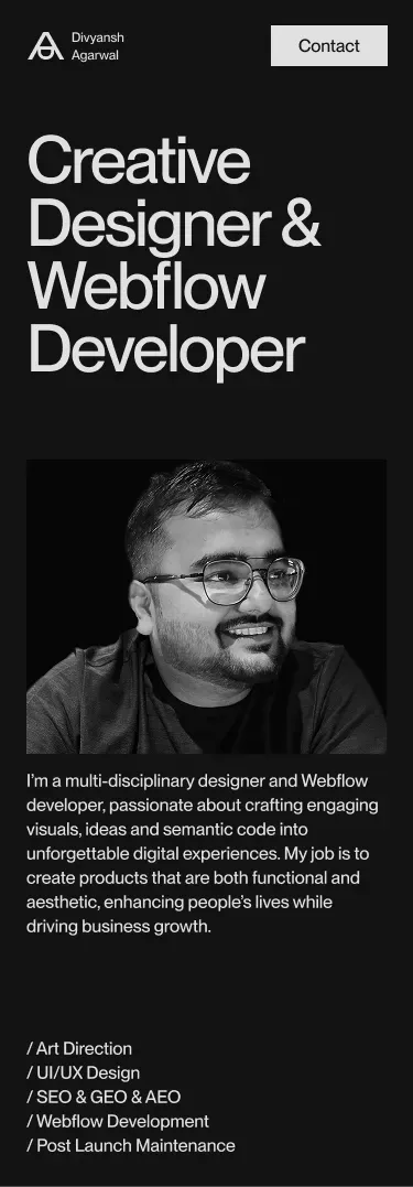 Divyansh Agarwal - Freelance Web Designer & Webflow Developer mobile view