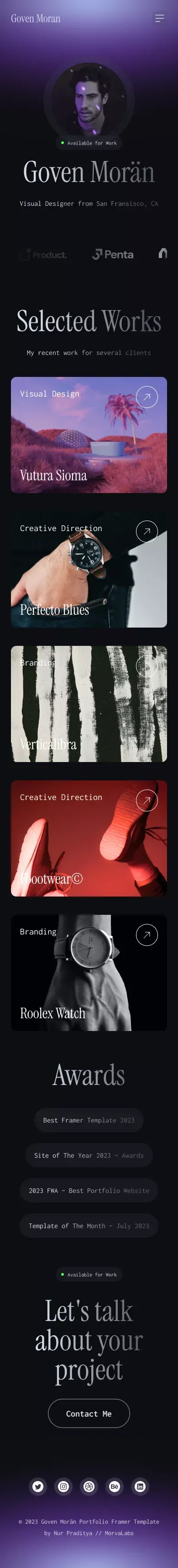 Goven Moran â Portfolio Framer Template mobile view