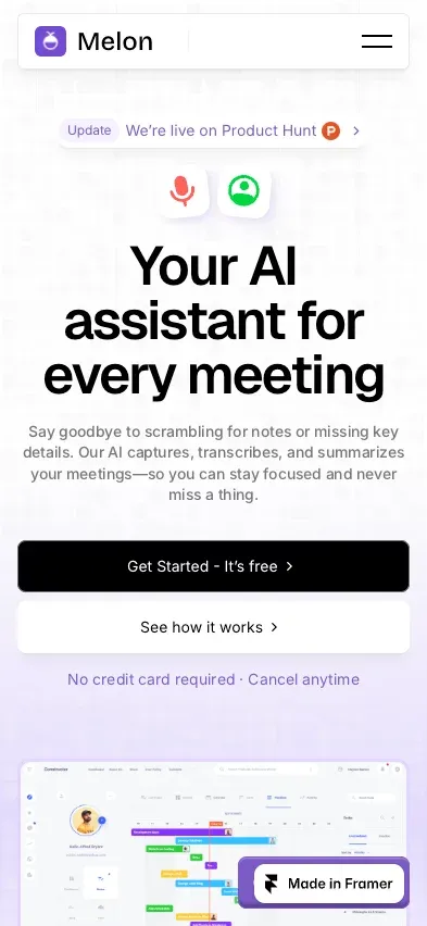 Melon - AI SaaS Framer Template mobile view