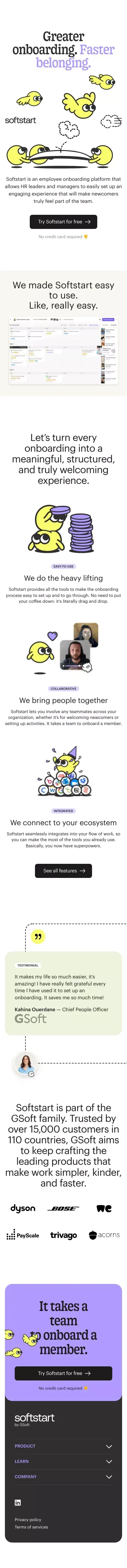 Greater onboarding. Faster belonging | Softstart mobile view