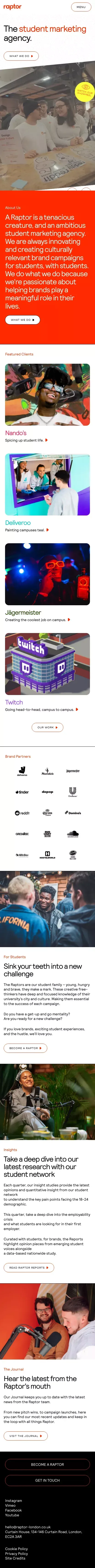 Raptor - the student marketing agency mobile view