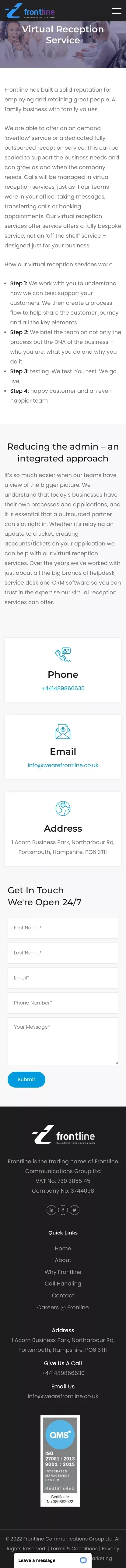 Virtual Reception Services - Virtual Receptionist - Frontline mobile view