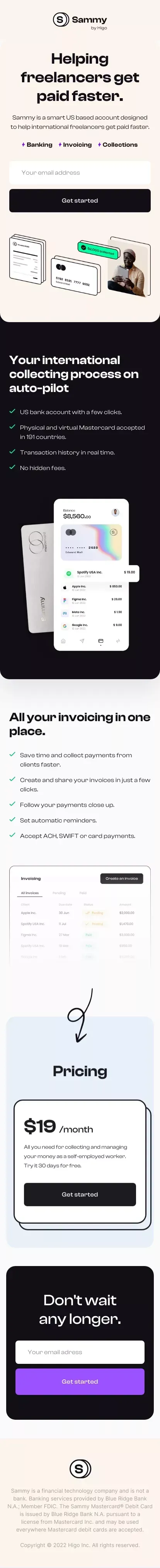 Sammy - The first US Bank for freelancers mobile view