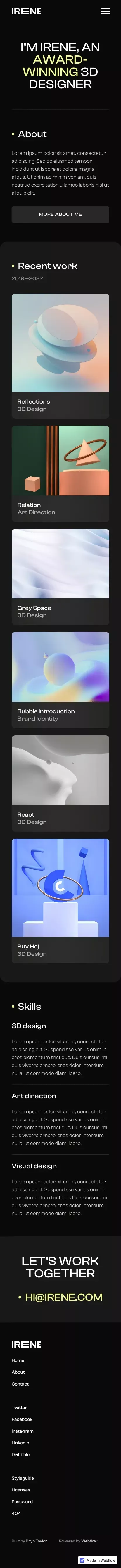 Irene · Webflow website template mobile view