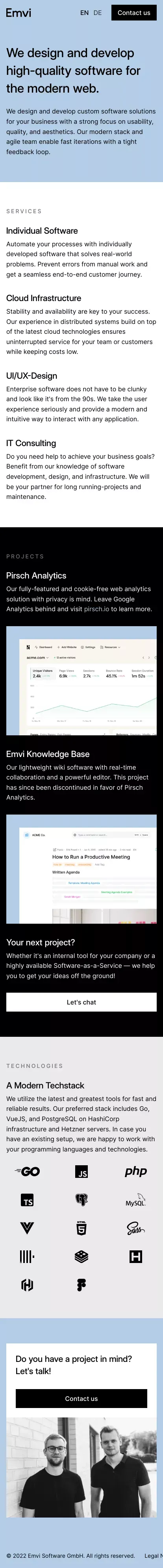 Emvi - High-quality Software for the Modern Web mobile view