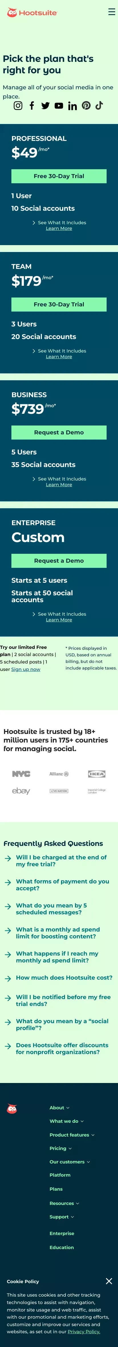 Plans - Hootsuite mobile view