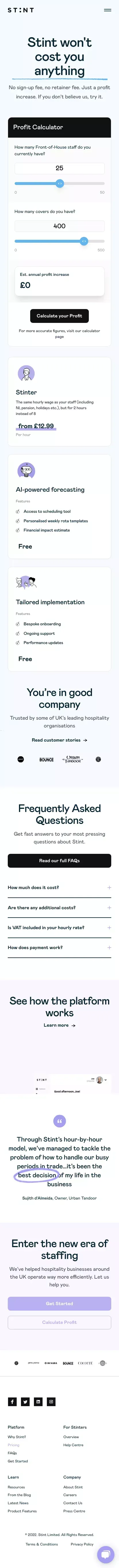 Stint Pricing - No sign-up fee, no retainer fee, just a profit increase mobile view