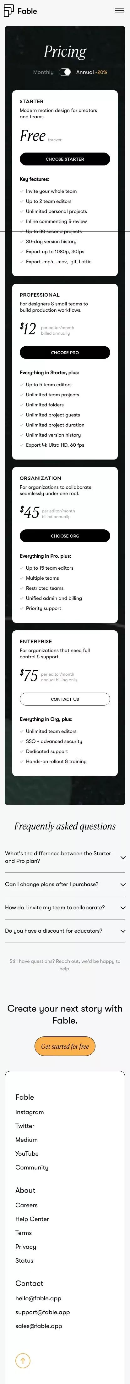 Plans, Pricing and Membership | Fable mobile view