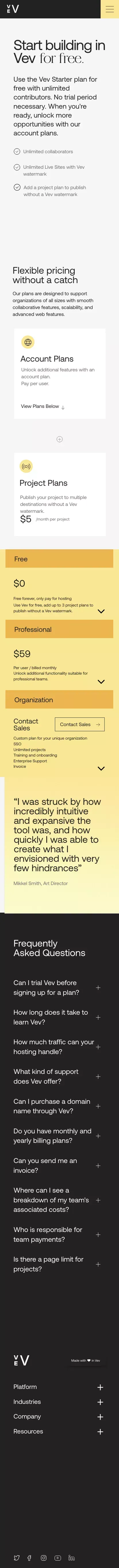Pricing mobile view