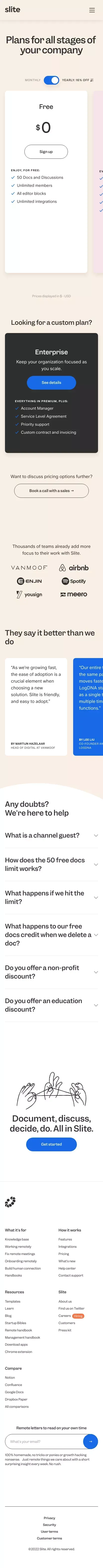 Slite - Pricing mobile view