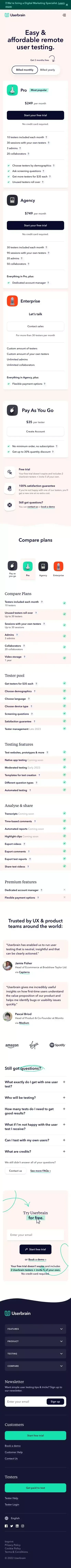 Pricing | Userbrain - User testing made simple mobile view