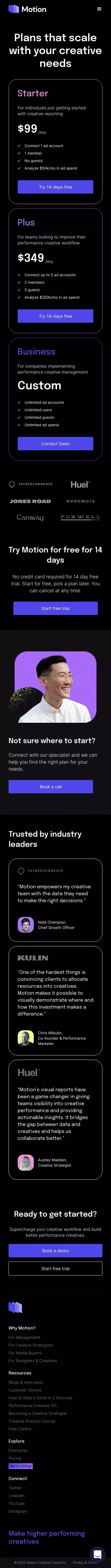 Motion Pricing - Pick a plan mobile view