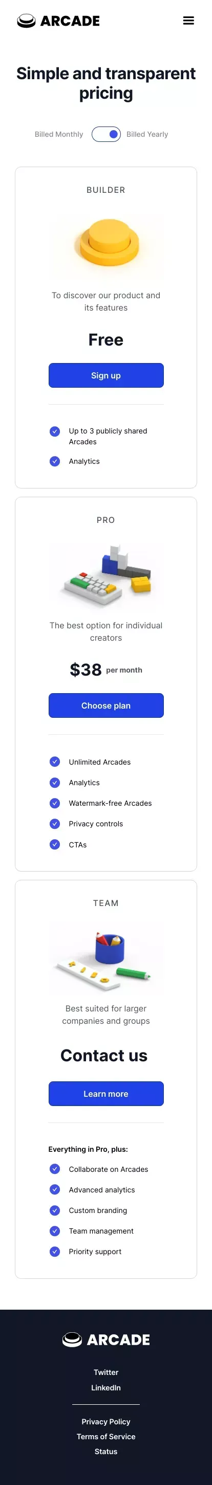 Arcade Pricing mobile view