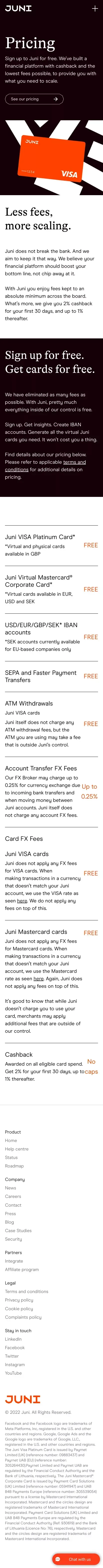 Juni pricing model - These are our credit card fees & charges mobile view