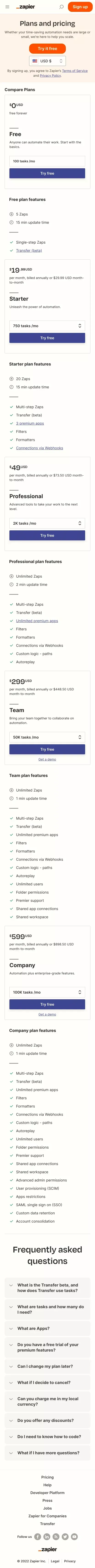 Plans & Pricing | Zapier mobile view