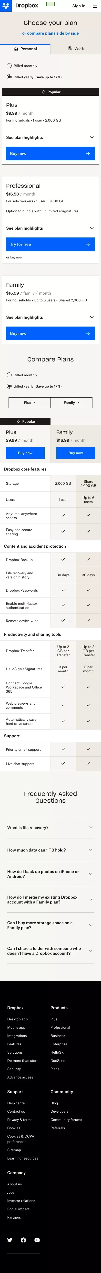 Compare All Dropbox Plans â Dropbox mobile view