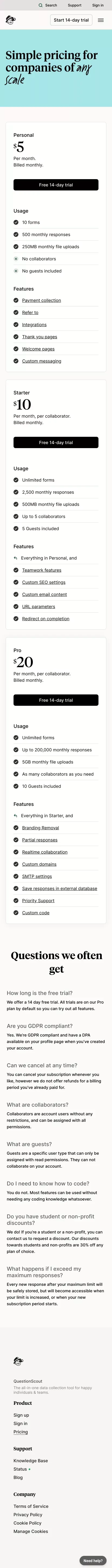 Plans & Pricing | QuestionScout mobile view