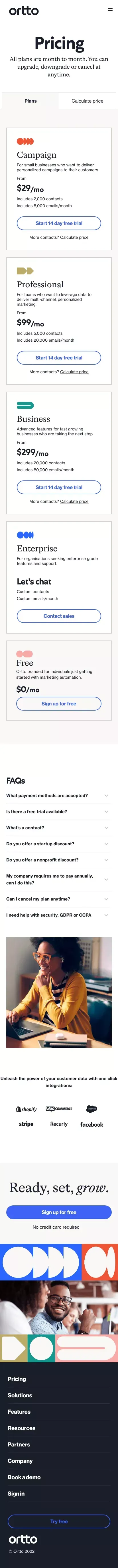 Ortto Pricing mobile view