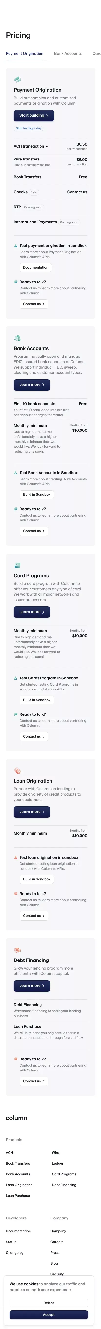 Pricing — Column mobile view