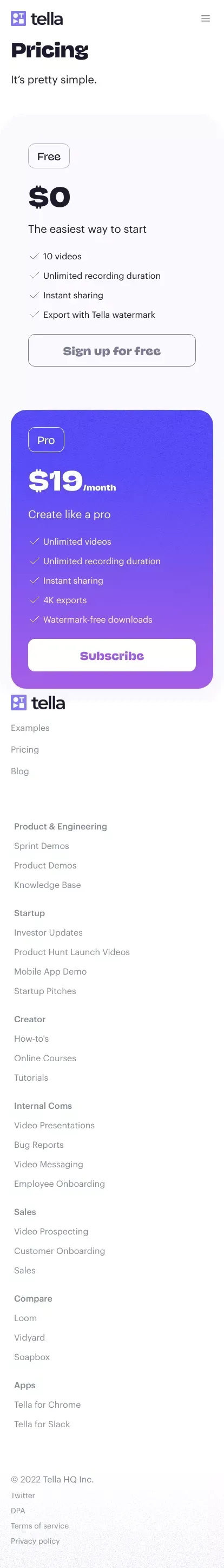 Pricing | Tella mobile view