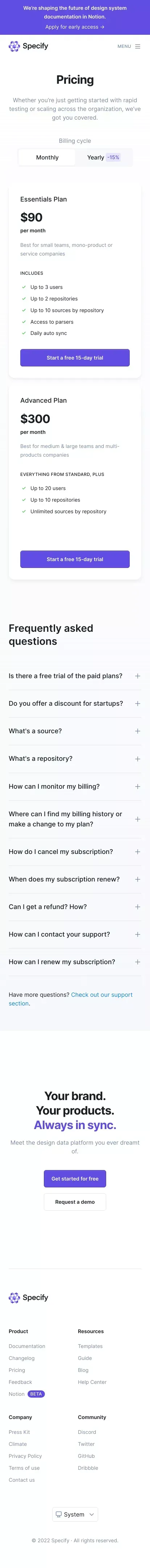 Specify | Pricing mobile view