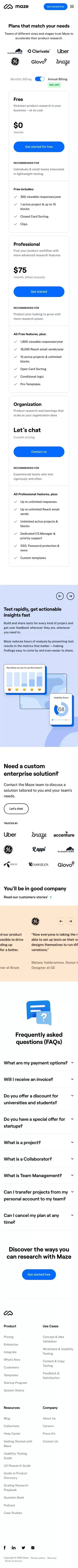 Flexible Pricing and Plans | Maze mobile view