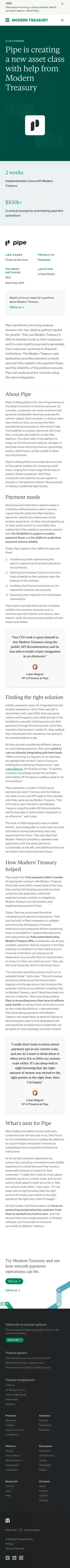 Customer Case Study: Pipe | Modern Treasury mobile view