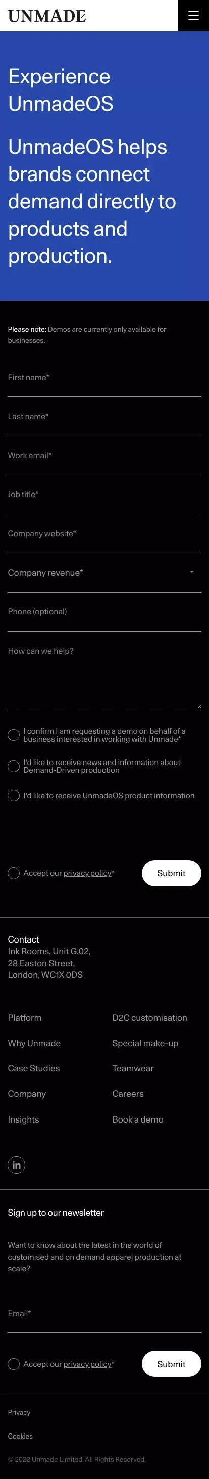 Book a Demo | Unmade mobile view