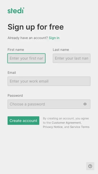 Sign up for free - Stedi mobile view
