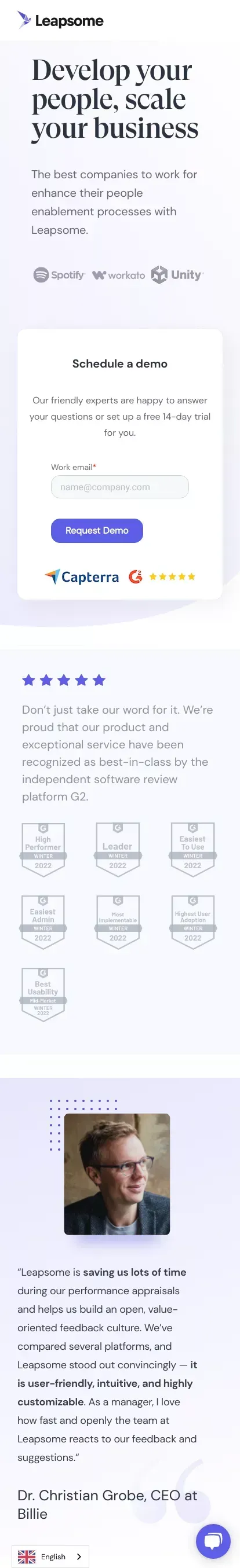 Request a Demo or Trial  | Leapsome mobile view