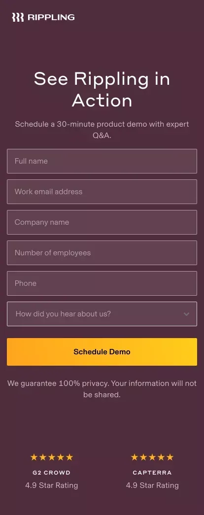 Request Demo | Rippling mobile view