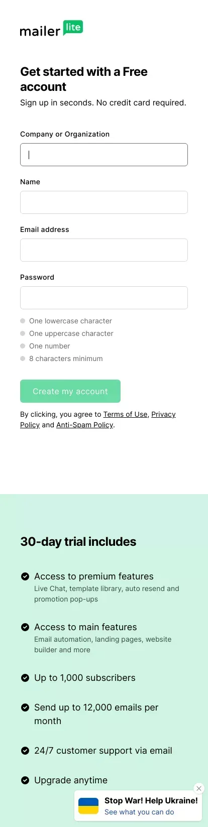 Get Started with a Free Account - MailerLite mobile view