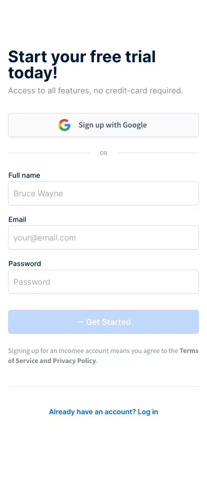 Signup - Incomee mobile view