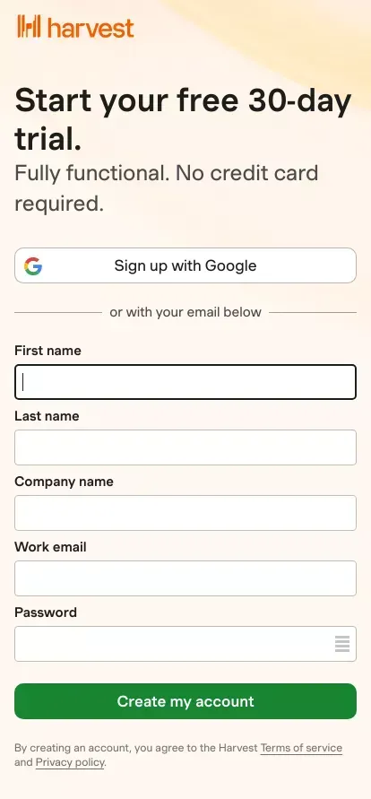 Sign up for Harvest mobile view