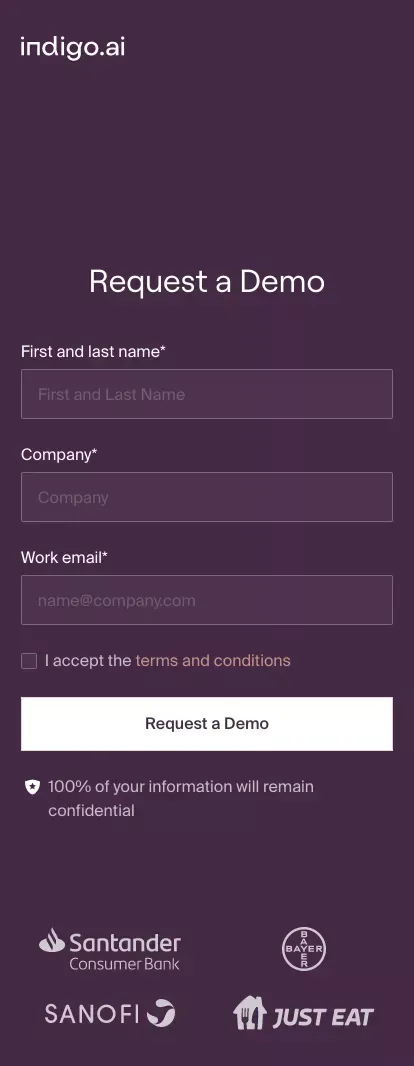 Request a demo - Indigo.ai mobile view