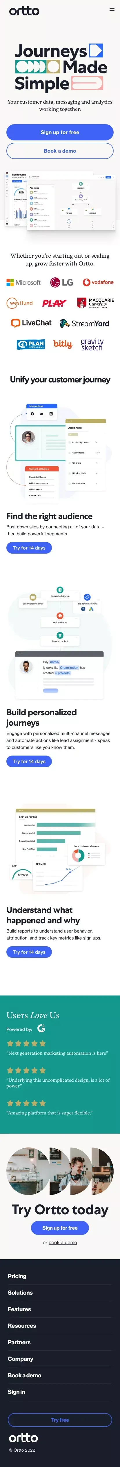 Ortto: Customer data, marketing automation and analytics working together mobile view