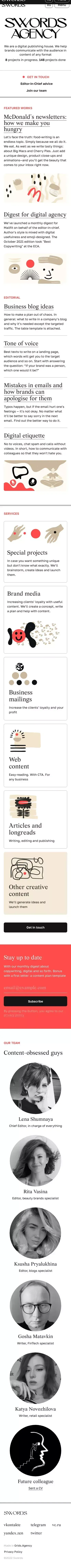 Swords — Content agency mobile view