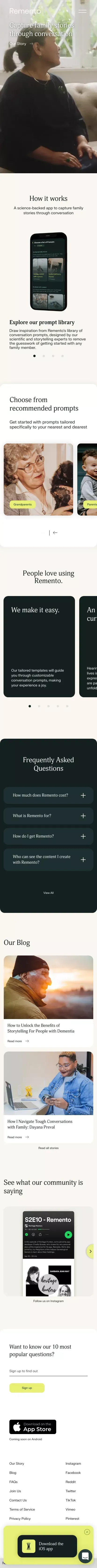 Remento: Capture family stories mobile view