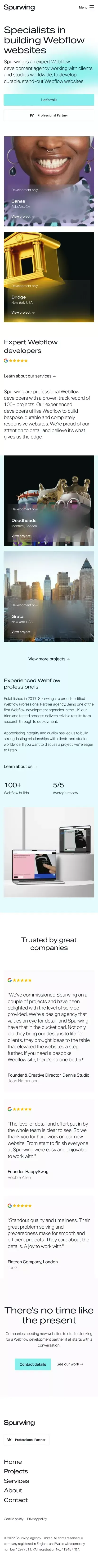 Spurwing | The Specialist Webflow Development Agency mobile view