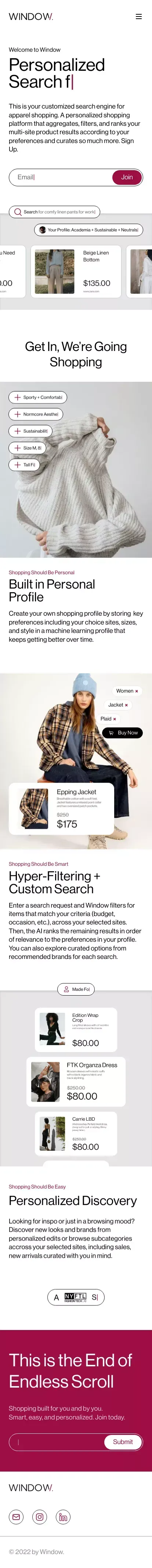 Window - A personalized shopping platform mobile view