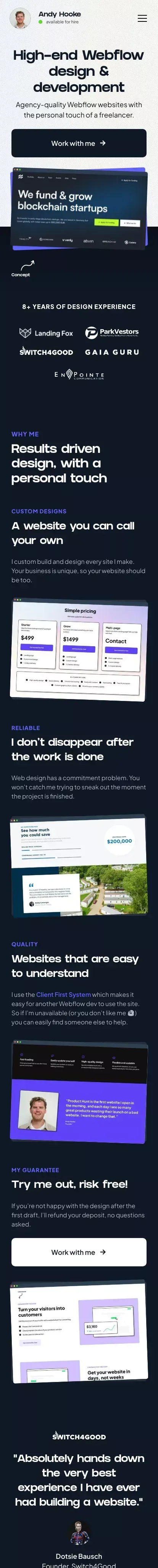 Andy Hooke | High-end Webflow design & development mobile view