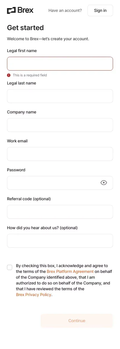 Sign up for Brex | Brex mobile view