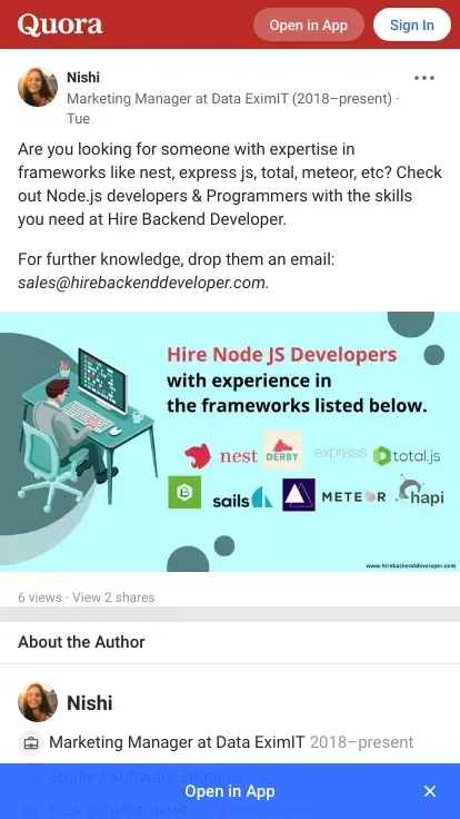 Are you looking for someone with expertise in frameworks like nest, express js, total, meteor, etc? Check out Node.js developers & Programmers with the skills you need at Hire Backend Developer.

For further knowledge, drop them an email: sales@hireb - Qu mobile view