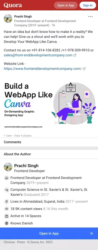 Have an idea but don't know how to make it a reality? We can help! Give us a shout and we'll work with you to Develop Your WebApp Like Canva.

Contact no us on +91-814-106-8282 /+1-978-309-9910 or sales@front-enddevelopmentcompany.com [ mailto:sales@ - Qu mobile view
