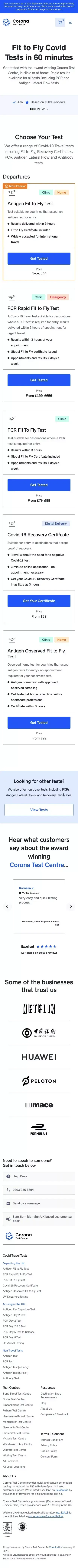 Fit to Fly Covid-19 Travel Testing - PCR & Antigen Lateral Flow | Corona Test Centre mobile view